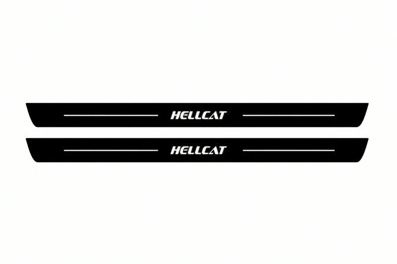 Catalogue illustration of two front black Matte PRO LED door sill plates with illuminated HELLCAT lettering for Dodge Challenger Coupe LC; dimensions are selected during manufacture.