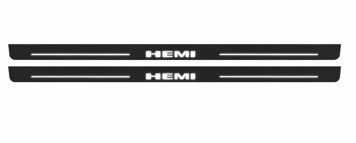 Catalogue illustration showing 2 black Matte PRO LED door sill plates with white HEMI lettering for Dodge Challenger Coupe LC; dimensions are selected during manufacture.
