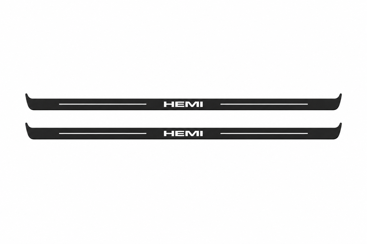 Dodge Challenger Coupe LC HEMI Matte PRO LED door sills, FRONT two-piece catalogue illustration, matte black with white illumination