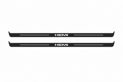 Dodge Challenger Coupe LC HEMI Matte PRO LED door sills, FRONT two-piece catalogue illustration, matte black with white illumination