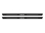 Dodge Challenger Coupe LC HEMI Type 3 Matte PRO LED door sills, FRONT two-piece catalogue illustration, matte black with white illumination