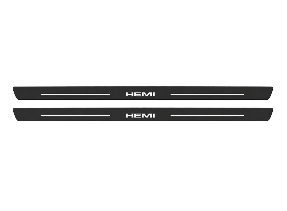 Dodge Challenger Coupe LC HEMI Type 3 Matte PRO LED door sills, FRONT two-piece catalogue illustration, matte black with white illumination