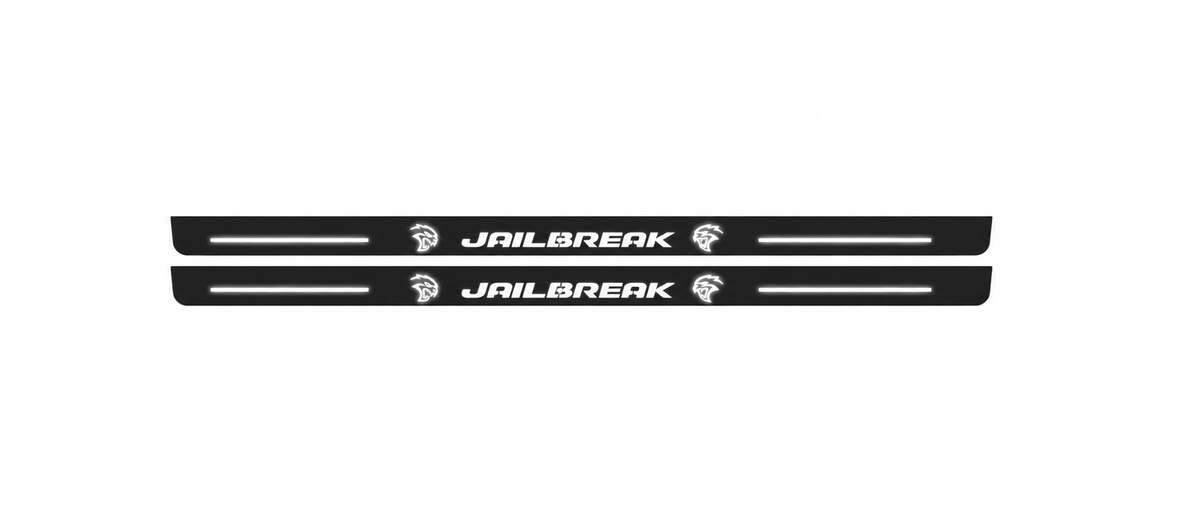 Catalogue illustration showing 2 black Matte PRO LED door sill plates with white Jailbreak Dual Hellcat lettering for Dodge Challenger Coupe LC; dimensions are selected during manufacture.