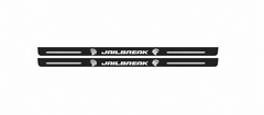 Catalogue illustration showing 2 black Matte PRO LED door sill plates with white Jailbreak Dual Hellcat lettering for Dodge Challenger Coupe LC; dimensions are selected during manufacture.