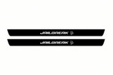 Catalogue illustration of two front black Matte PRO LED door sill plates with illuminated Jailbreak Hellcat lettering for Dodge Challenger Coupe LC; dimensions are selected during manufacture.