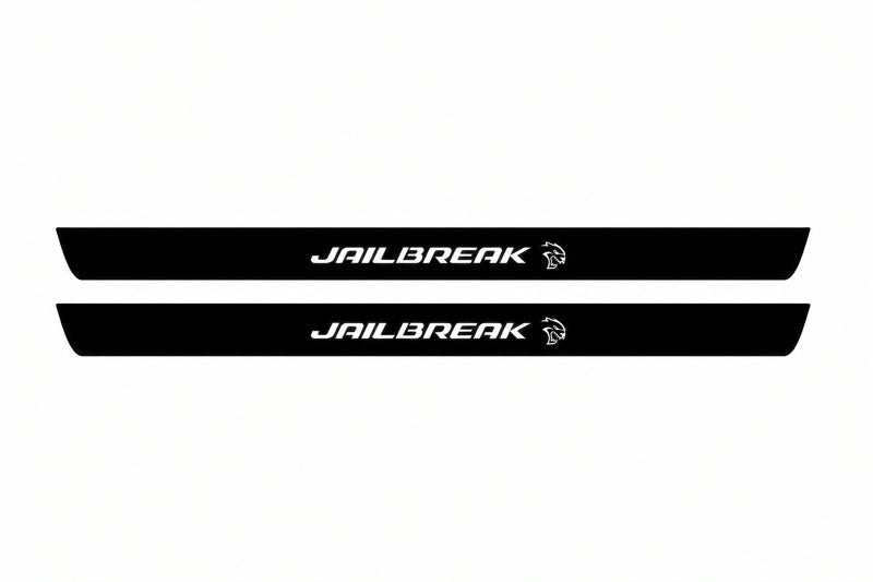 Catalogue illustration of two front black Matte PRO LED door sill plates with illuminated Jailbreak Hellcat lettering for Dodge Challenger Coupe LC; dimensions are selected during manufacture.