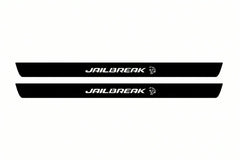 Catalogue illustration of two front black Matte PRO LED door sill plates with illuminated Jailbreak Hellcat lettering for Dodge Challenger Coupe LC; dimensions are selected during manufacture.