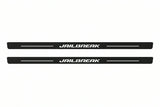 Catalogue illustration of two front black Matte PRO LED door sill plates with illuminated Jailbreak design for Dodge Challenger Coupe LC; dimensions are selected during manufacture.