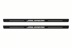 Catalogue illustration of two front black Matte PRO LED door sill plates with illuminated Jailbreak design for Dodge Challenger Coupe LC; dimensions are selected during manufacture.