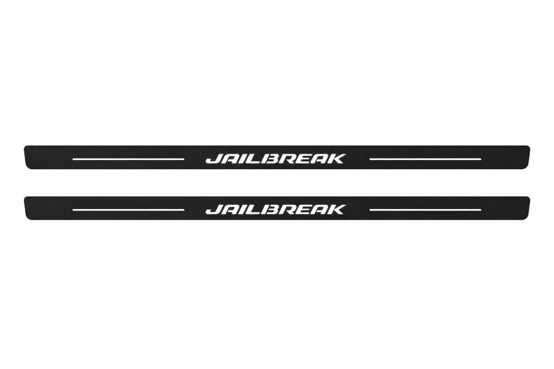 Catalogue illustration of two front black Matte PRO LED door sill plates with illuminated Jailbreak design for Dodge Challenger Coupe LC; dimensions are selected during manufacture.
