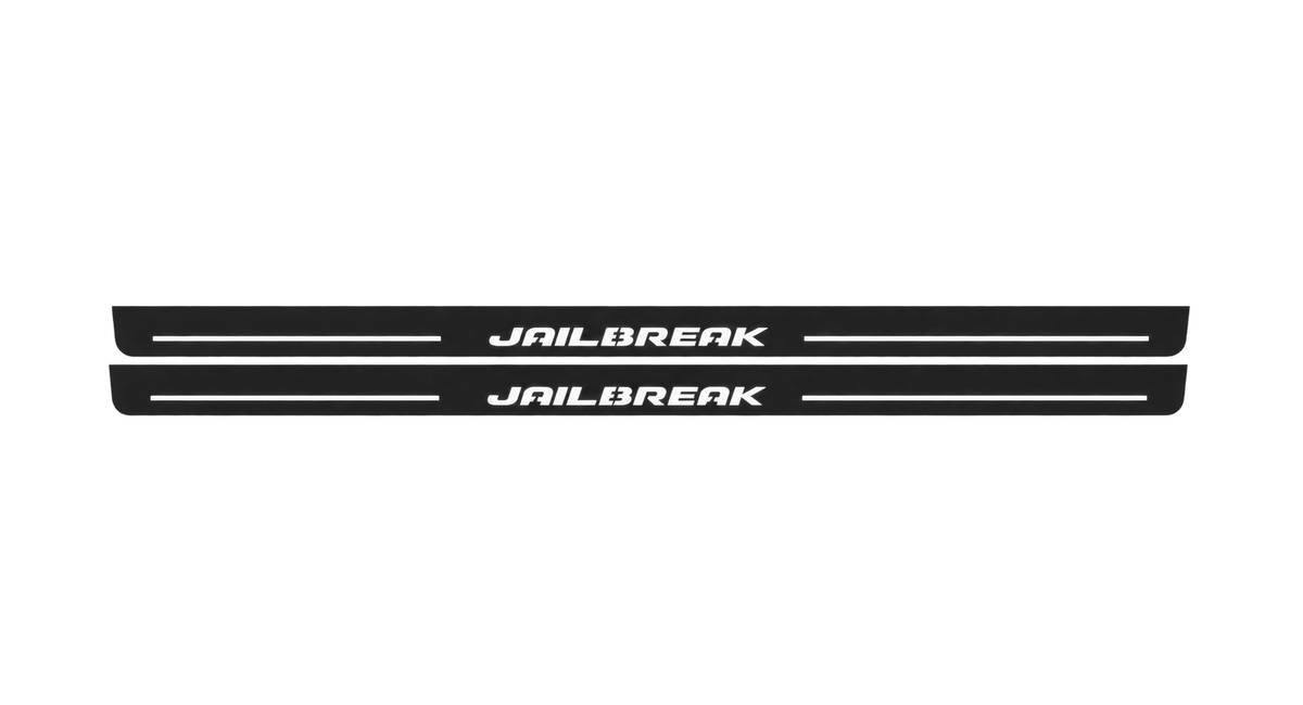 Catalogue illustration showing 2 black Matte PRO LED door sill plates with white Jailbreak Plain lettering for Dodge Challenger Coupe LC; dimensions are selected during manufacture.