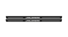 Catalogue illustration showing 2 black Matte PRO LED door sill plates with white Jailbreak Plain lettering for Dodge Challenger Coupe LC; dimensions are selected during manufacture.