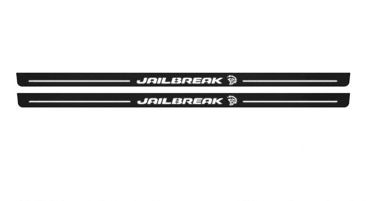 Catalogue illustration showing 2 black Matte PRO LED door sill plates with white Jailbreak Single Hellcat lettering for Dodge Challenger Coupe LC; dimensions are selected during manufacture.