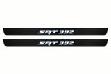 Catalogue illustration of two front black Matte PRO LED door sill plates with illuminated SRT 392 lettering for Dodge Challenger Coupe LC; dimensions are selected during manufacture.