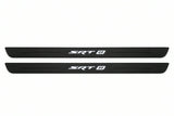 Catalogue illustration of two front black Matte PRO LED door sill plates with illuminated SRT8 lettering for Dodge Challenger Coupe LC; dimensions are selected during manufacture.