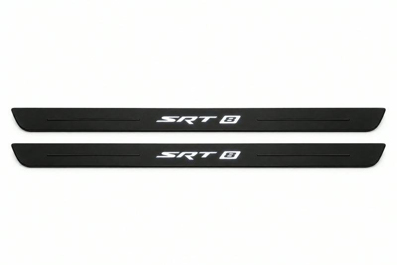 Catalogue illustration of two front black Matte PRO LED door sill plates with illuminated SRT8 lettering for Dodge Challenger Coupe LC; dimensions are selected during manufacture.