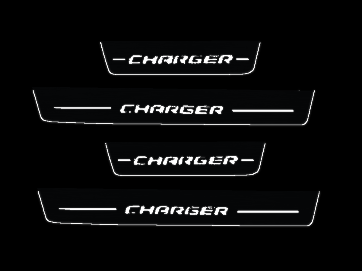 Dodge CHARGER Stainless exact four-piece night, two long and two short plates; white artwork and side-edge light