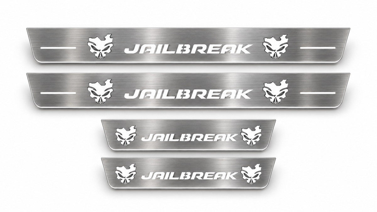 Four brushed stainless Jailbreak Skull door sill plates with white illumination on white background.