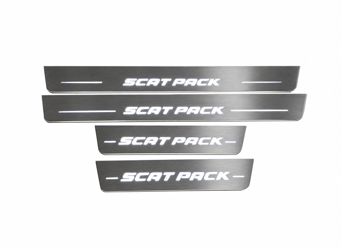 SCAT PACK Stainless Full four-piece set with white artwork and strips in daylight.