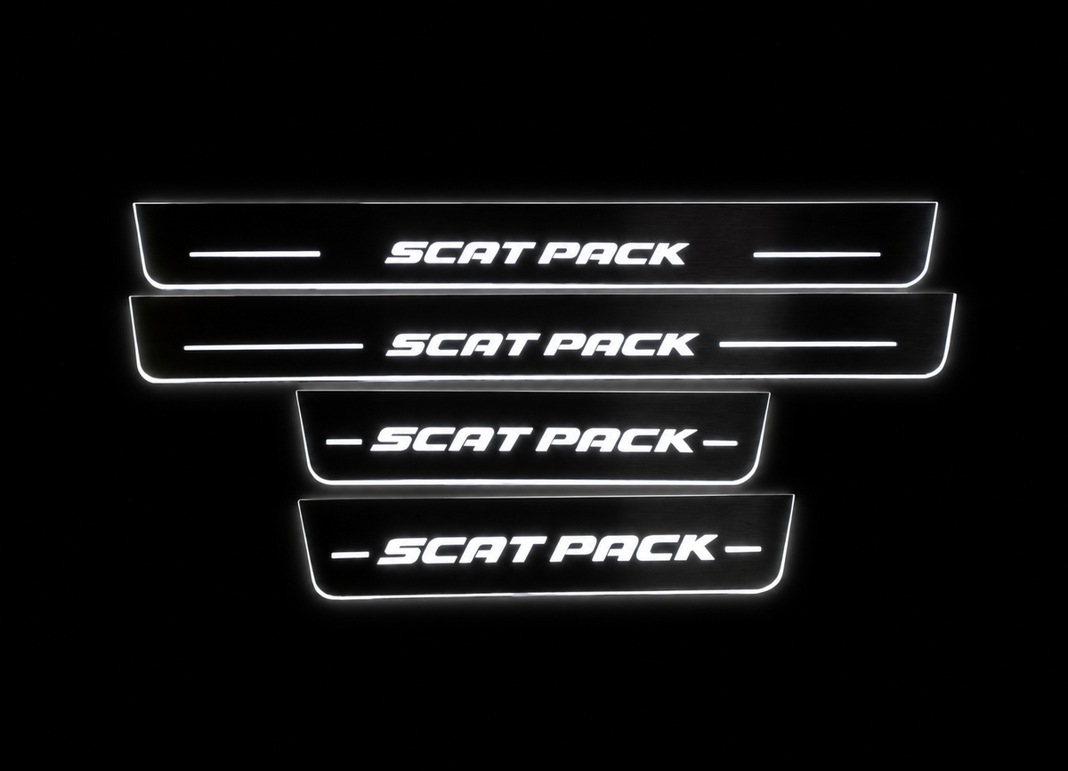 SCAT PACK Stainless Full set: two long and two short plates, white artwork and illuminated strips/edges on black Night background.