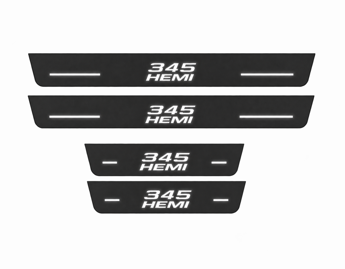 Dodge Charger Sedan LD 345 HEMI Type 3 Matte PRO LED door sills, FRONT and REAR four-piece illustration, matte black with white illumination