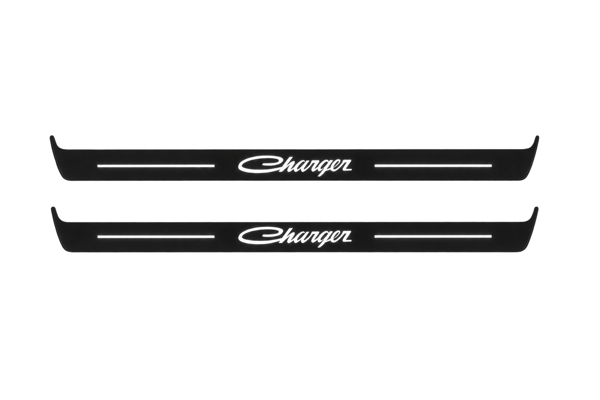 Catalogue illustration showing 2 black Matte PRO LED door sill plates with white Charger Cursive lettering for Dodge Charger Sedan LD; dimensions are selected during manufacture.