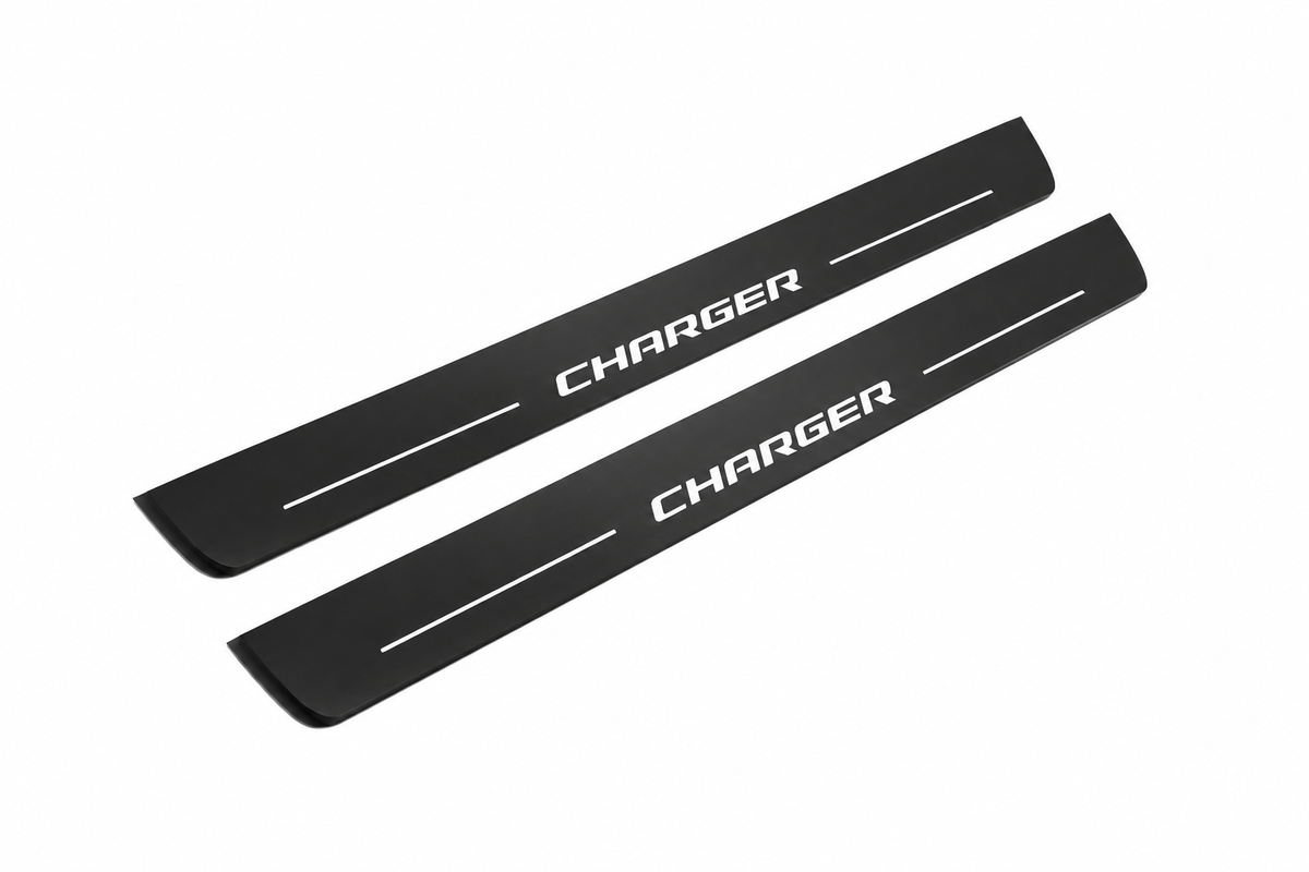 Dodge Charger Sedan LD CHARGER Matte PRO LED door sills, FRONT two-piece catalogue illustration, matte black with white illumination