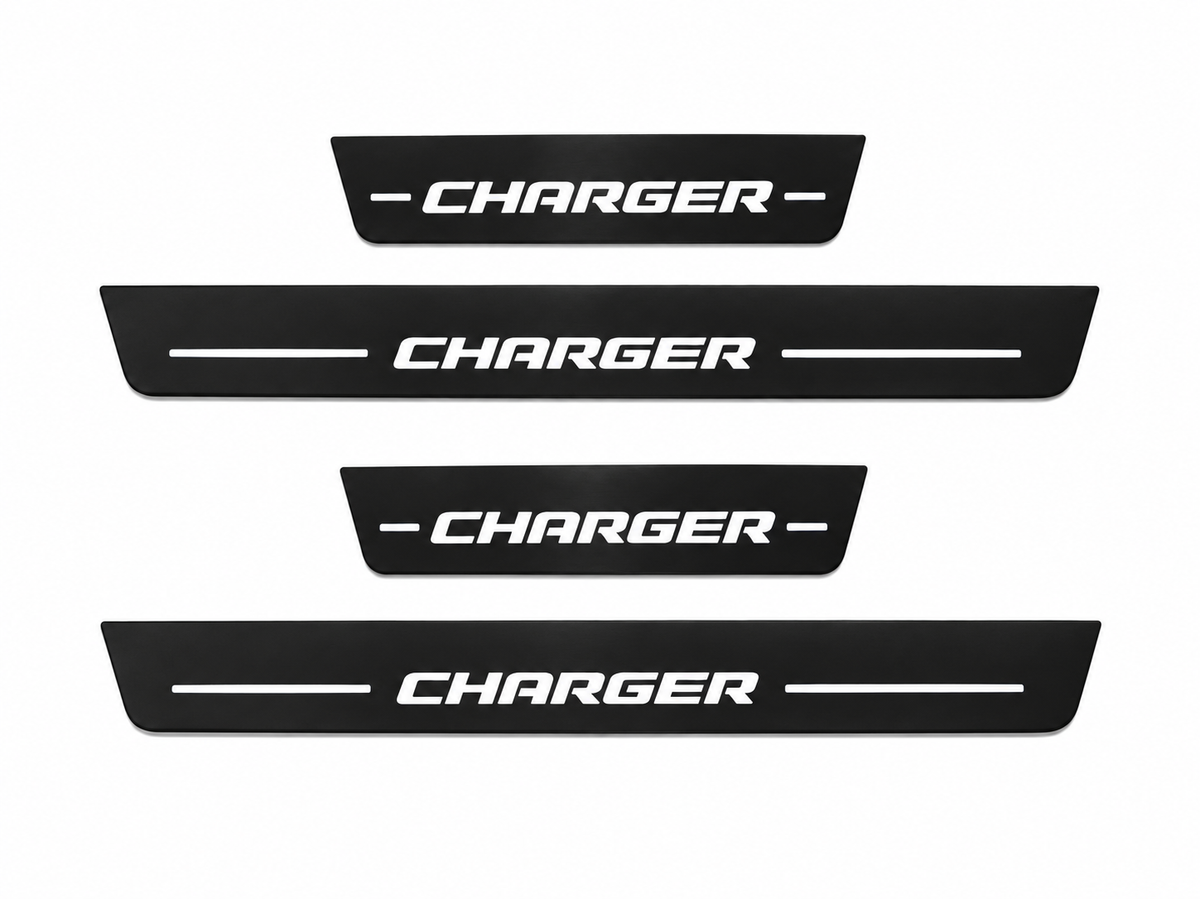 Dodge Charger Sedan LD Charger Type 2 Matte PRO LED door sills, four-piece catalogue illustration, matte black with white illumination