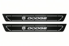 Catalogue illustration of two front black Matte PRO LED door sill plates with illuminated DODGE lettering for Dodge Charger Sedan LD; the FRONT+REAR option includes rear plates not shown; final dimensions are selected during manufacture.