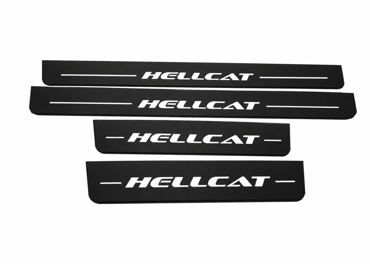 Dodge Charger Sedan LD HELLCAT Matte PRO LED door sills, four-piece catalogue illustration, matte black with white illumination