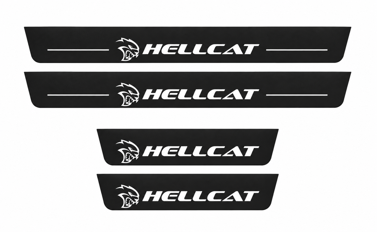Dodge Charger Sedan LD HELLCAT Type 2 Matte PRO LED door sills, four-piece catalogue illustration, matte black with white illumination