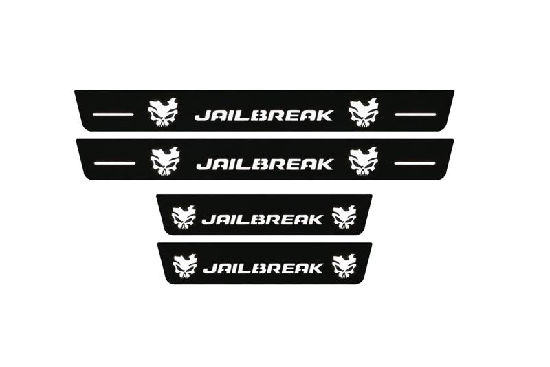 Catalogue illustration of two front and two rear black Matte PRO LED door sill plates with illuminated JAILBREAK SKULL design for Dodge Charger Sedan LD; dimensions are selected during manufacture.