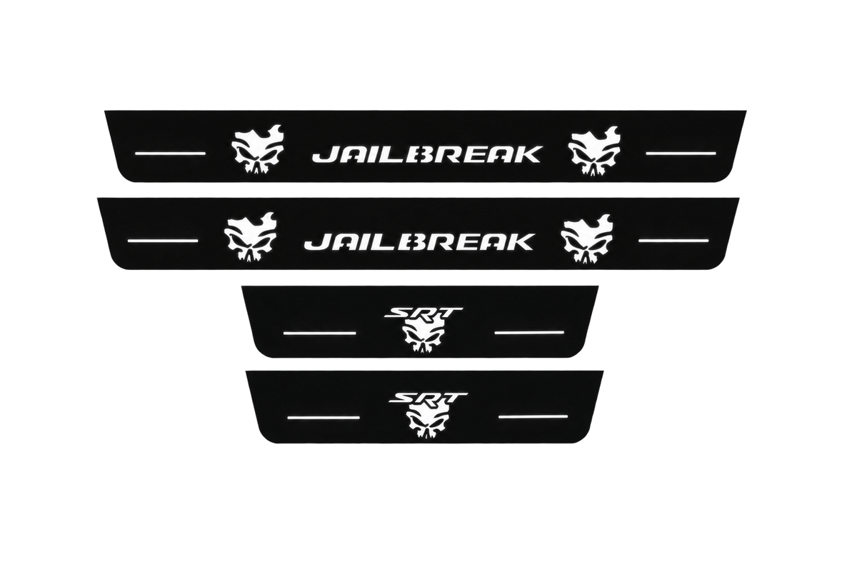 Catalogue illustration showing 4 black Matte PRO LED door sill plates with white Jailbreak Skull Type 2 lettering for Dodge Charger Sedan LD; dimensions are selected during manufacture.