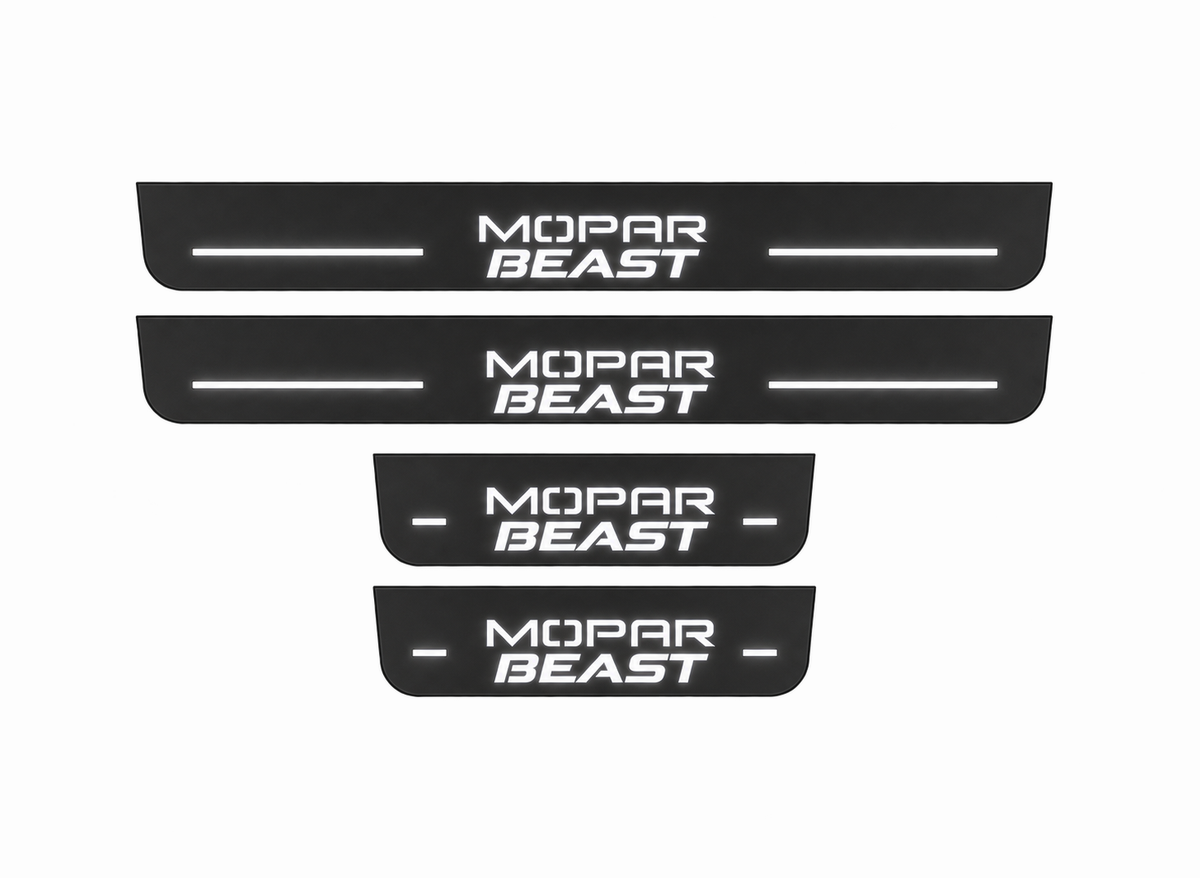 Dodge Charger Sedan LD MOPAR BEAST Type 2 Matte PRO LED door sills, FRONT and REAR four-piece illustration, matte black with white illumination