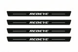 Catalogue illustration of two front and two rear black Matte PRO LED door sill plates with illuminated REDEYE design for Dodge Charger Sedan LD; dimensions are selected during manufacture.
