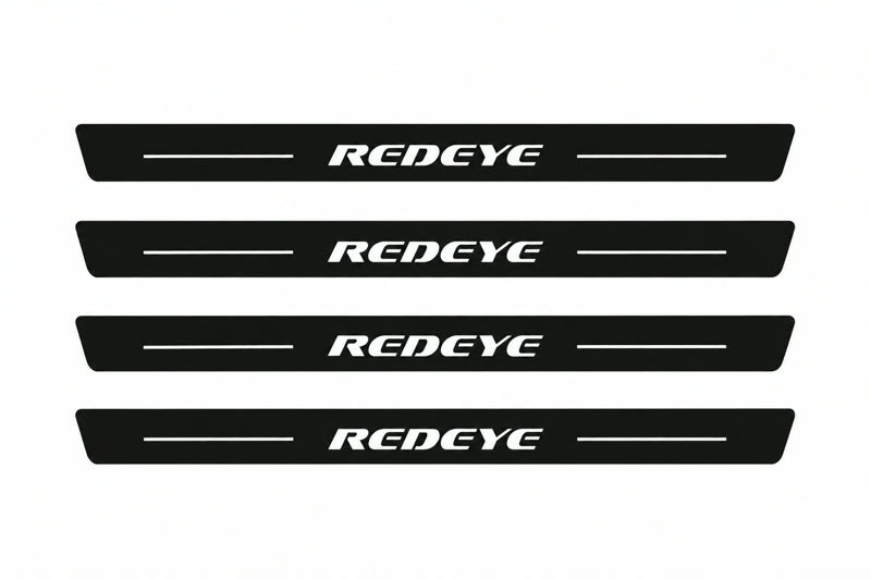 Catalogue illustration of two front and two rear black Matte PRO LED door sill plates with illuminated REDEYE design for Dodge Charger Sedan LD; dimensions are selected during manufacture.