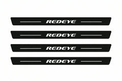 Catalogue illustration of two front and two rear black Matte PRO LED door sill plates with illuminated REDEYE design for Dodge Charger Sedan LD; dimensions are selected during manufacture.