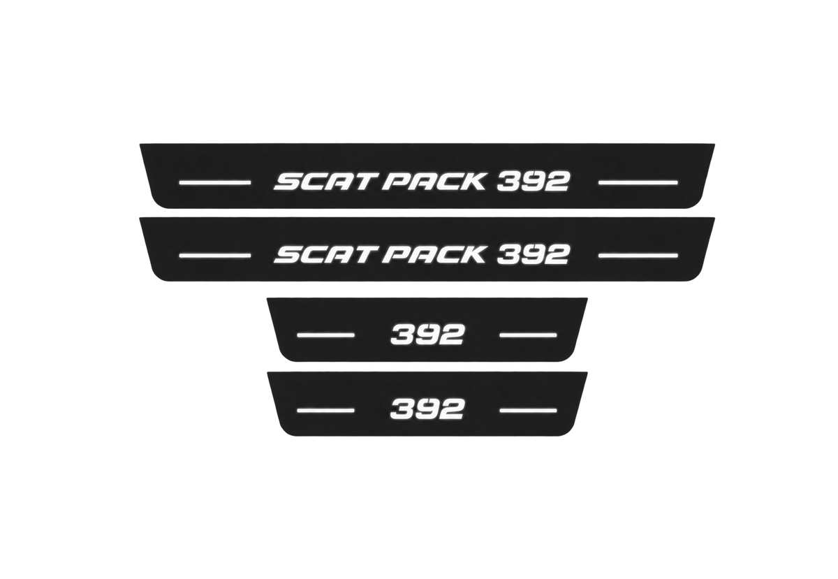 Catalogue illustration showing 4 black Matte PRO LED door sill plates with white Scat Pack 392 Rear 392 lettering for Dodge Charger Sedan LD; dimensions are selected during manufacture.