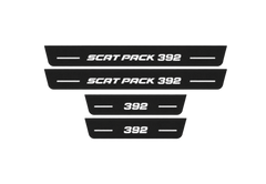 Catalogue illustration showing 4 black Matte PRO LED door sill plates with white Scat Pack 392 Rear 392 lettering for Dodge Charger Sedan LD; dimensions are selected during manufacture.