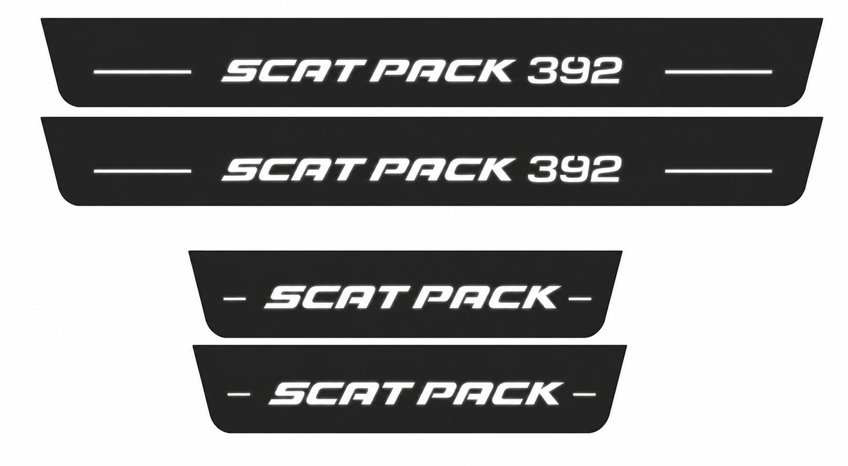 Catalogue illustration showing 4 black Matte PRO LED door sill plates with white Scat Pack 392 Rear Scat Pack lettering for Dodge Charger Sedan LD; dimensions are selected during manufacture.