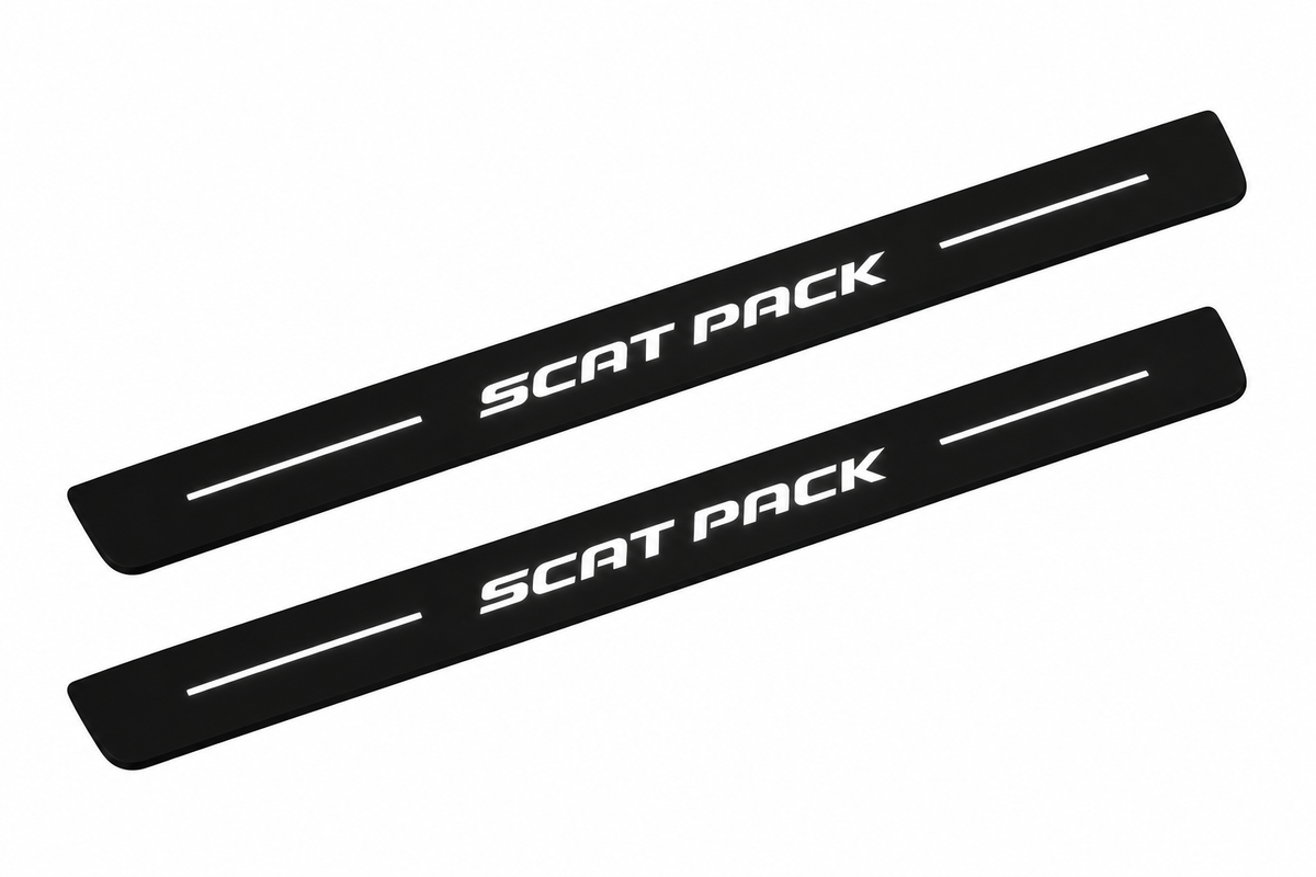 Dodge Charger Sedan LD SCAT PACK Matte PRO LED door sills, FRONT two-piece catalogue illustration, matte black with white illumination