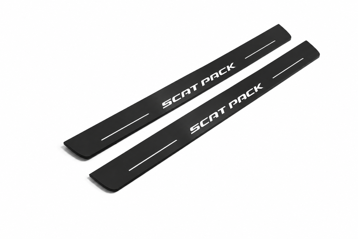 Dodge Charger Sedan LD Scat Pack Matte PRO LED door sills, FRONT two-piece catalogue illustration, matte black with white illumination
