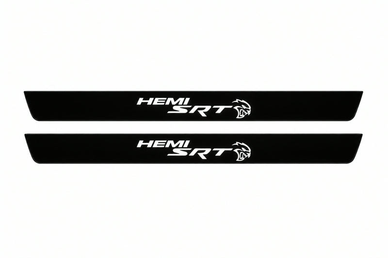 Catalogue illustration of two front black Matte PRO LED door sill plates with illuminated SRT HEMI HELLCAT lettering for Dodge Charger Sedan LD; the FRONT+REAR option includes rear plates not shown; final dimensions are selected during manufacture.