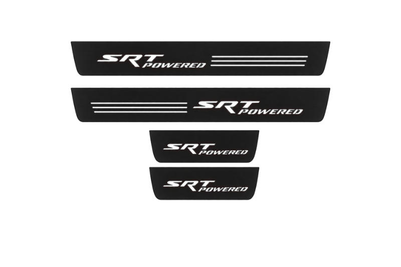 Catalogue illustration of two front and two rear flat black Matte PRO LED door sill plates with illuminated SRT POWERED design for Dodge Charger Sedan LD; dimensions are selected during manufacture.
