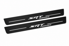 Dodge Charger Sedan LD SRT POWERED Matte PRO LED door sills, FRONT two-piece catalogue illustration, matte black with white illumination