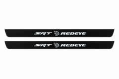 Catalogue illustration of two front black Matte PRO LED door sill plates with illuminated SRT REDEYE lettering for Dodge Charger Sedan LD; dimensions are selected during manufacture.