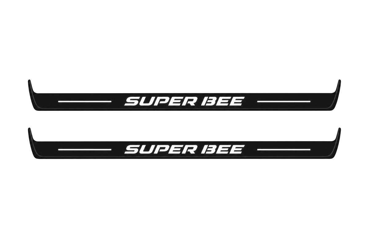 Catalogue illustration of two front black Matte PRO LED door sill plates with illuminated Super Bee lettering for Dodge Charger Sedan LD; the FRONT+REAR option includes rear plates not shown; final dimensions are selected during manufacture.