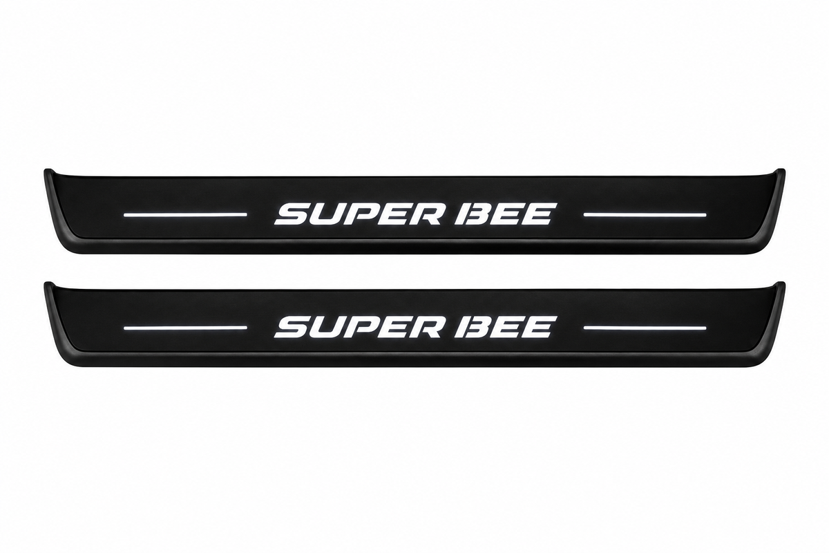 Catalogue illustration of two front black Matte PRO LED door sill plates with illuminated Super Bee lettering for Dodge Charger Sedan LD; the FRONT+REAR option includes rear plates not shown; final dimensions are selected during manufacture.
