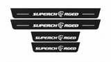 Catalogue illustration showing 4 black Matte PRO LED door sill plates with white Supercharged lettering for Dodge Charger Sedan LD; dimensions are selected during manufacture.