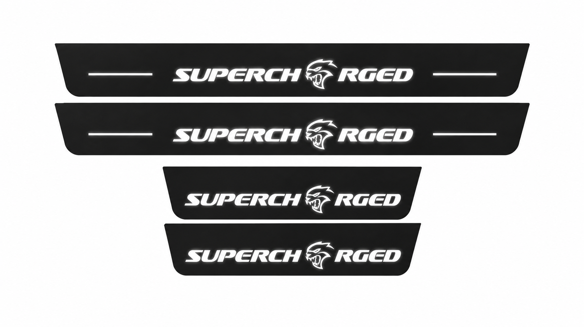 Catalogue illustration showing 4 black Matte PRO LED door sill plates with white Supercharged lettering for Dodge Charger Sedan LD; dimensions are selected during manufacture.
